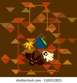 Halloween autumn fallen leaves cauldron witch bat spirit vector