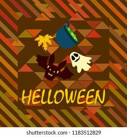 Halloween autumn fallen leaves cauldron witch bat spirit vector