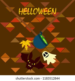Halloween autumn fallen leaves cauldron witch bat spirit vector