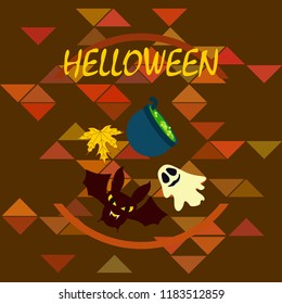 Halloween autumn fallen leaves cauldron witch bat spirit vector