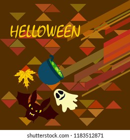 Halloween autumn fallen leaves cauldron witch bat spirit vector