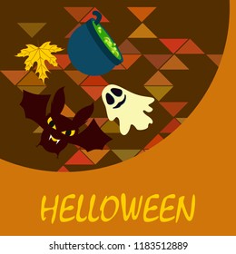 Halloween autumn fallen leaves cauldron witch bat spirit vector