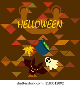 Halloween autumn fallen leaves cauldron witch bat spirit vector