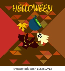 Halloween autumn fallen leaves cauldron witch bat spirit vector