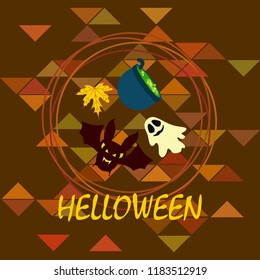 Halloween autumn fallen leaves cauldron witch bat spirit vector