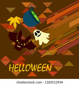 Halloween autumn fallen leaves cauldron witch bat spirit vector