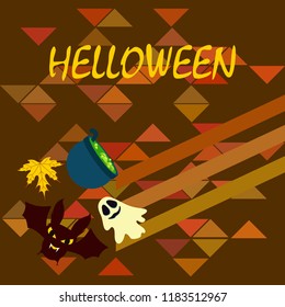 Halloween autumn fallen leaves cauldron witch bat spirit vector