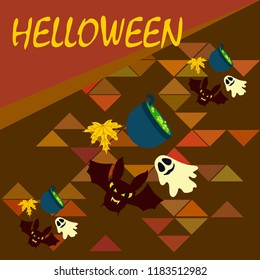Halloween autumn fallen leaves cauldron witch bat spirit vector
