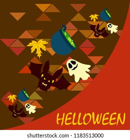 Halloween autumn fallen leaves cauldron witch bat spirit vector