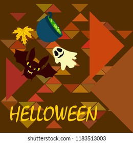 Halloween autumn fallen leaves cauldron witch bat spirit vector