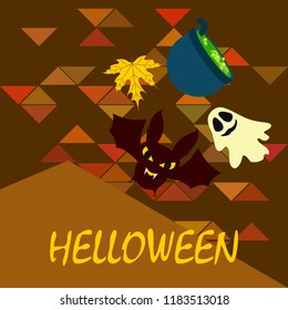 Halloween autumn fallen leaves cauldron witch bat spirit vector