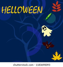 Halloween autumn fallen leaves cauldron witch bat spirit vector