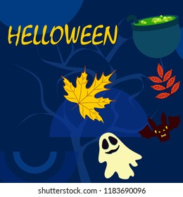 Halloween autumn fallen leaves cauldron witch bat spirit vector