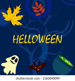 Halloween autumn fallen leaves cauldron witch bat spirit vector