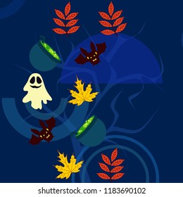 Halloween autumn fallen leaves cauldron witch bat spirit vector