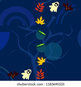 Halloween autumn fallen leaves cauldron witch bat spirit vector
