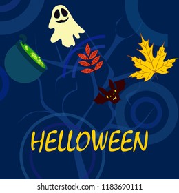 Halloween autumn fallen leaves cauldron witch bat spirit vector
