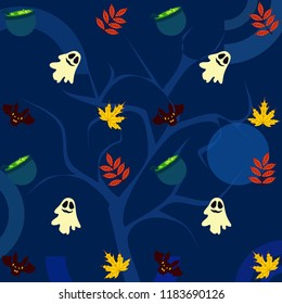 Halloween autumn fallen leaves cauldron witch bat spirit vector