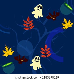 Halloween autumn fallen leaves cauldron witch bat spirit vector