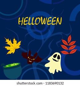 Halloween autumn fallen leaves cauldron witch bat spirit vector