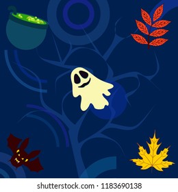 Halloween autumn fallen leaves cauldron witch bat spirit vector