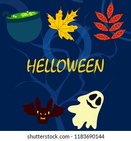 Halloween autumn fallen leaves cauldron witch bat spirit vector