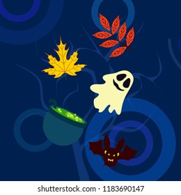 Halloween autumn fallen leaves cauldron witch bat spirit vector
