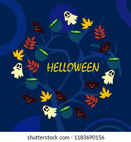 Halloween autumn fallen leaves cauldron witch bat spirit vector