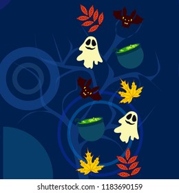 Halloween autumn fallen leaves cauldron witch bat spirit vector
