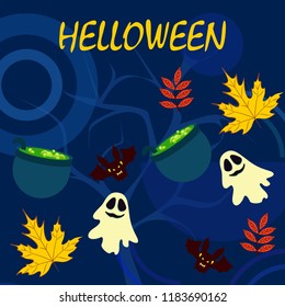 Halloween autumn fallen leaves cauldron witch bat spirit vector