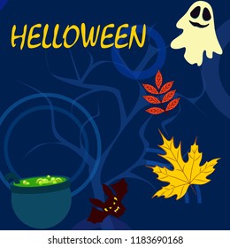 Halloween autumn fallen leaves cauldron witch bat spirit vector