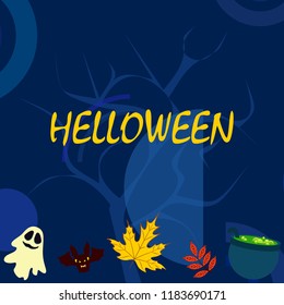 Halloween autumn fallen leaves cauldron witch bat spirit vector
