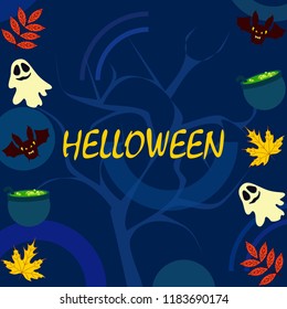 Halloween autumn fallen leaves cauldron witch bat spirit vector