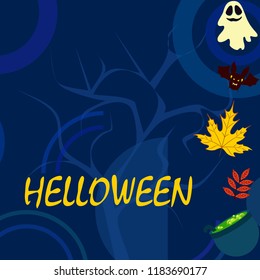 Halloween autumn fallen leaves cauldron witch bat spirit vector