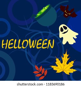 Halloween autumn fallen leaves cauldron witch bat spirit vector