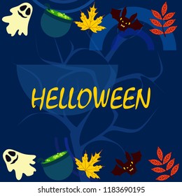 Halloween autumn fallen leaves cauldron witch bat spirit vector