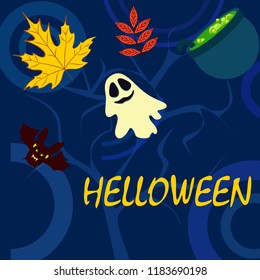 Halloween autumn fallen leaves cauldron witch bat spirit vector