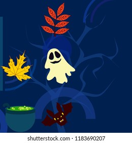 Halloween autumn fallen leaves cauldron witch bat spirit vector