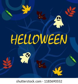 Halloween autumn fallen leaves cauldron witch bat spirit vector