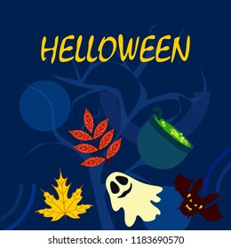 Halloween autumn fallen leaves cauldron witch bat spirit vector