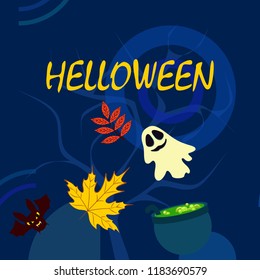 Halloween autumn fallen leaves cauldron witch bat spirit vector
