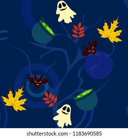 Halloween autumn fallen leaves cauldron witch bat spirit vector