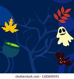 Halloween autumn fallen leaves cauldron witch bat spirit vector