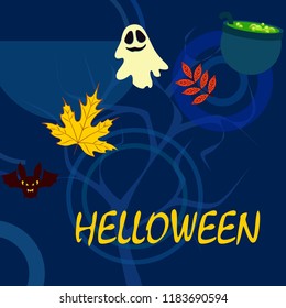 Halloween autumn fallen leaves cauldron witch bat spirit vector