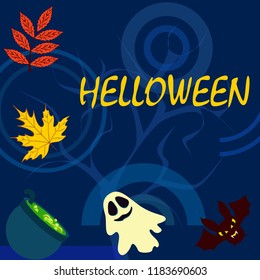 Halloween autumn fallen leaves cauldron witch bat spirit vector