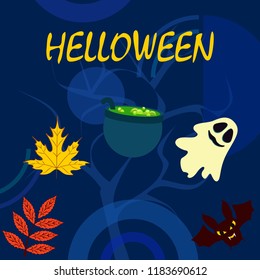 Halloween autumn fallen leaves cauldron witch bat spirit vector