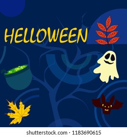 Halloween autumn fallen leaves cauldron witch bat spirit vector