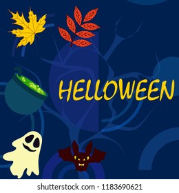 Halloween autumn fallen leaves cauldron witch bat spirit vector