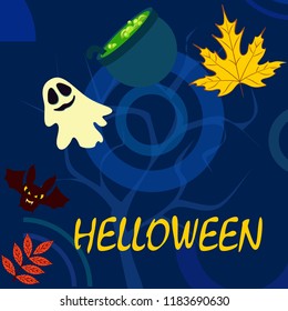 Halloween autumn fallen leaves cauldron witch bat spirit vector