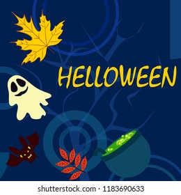 Halloween autumn fallen leaves cauldron witch bat spirit vector